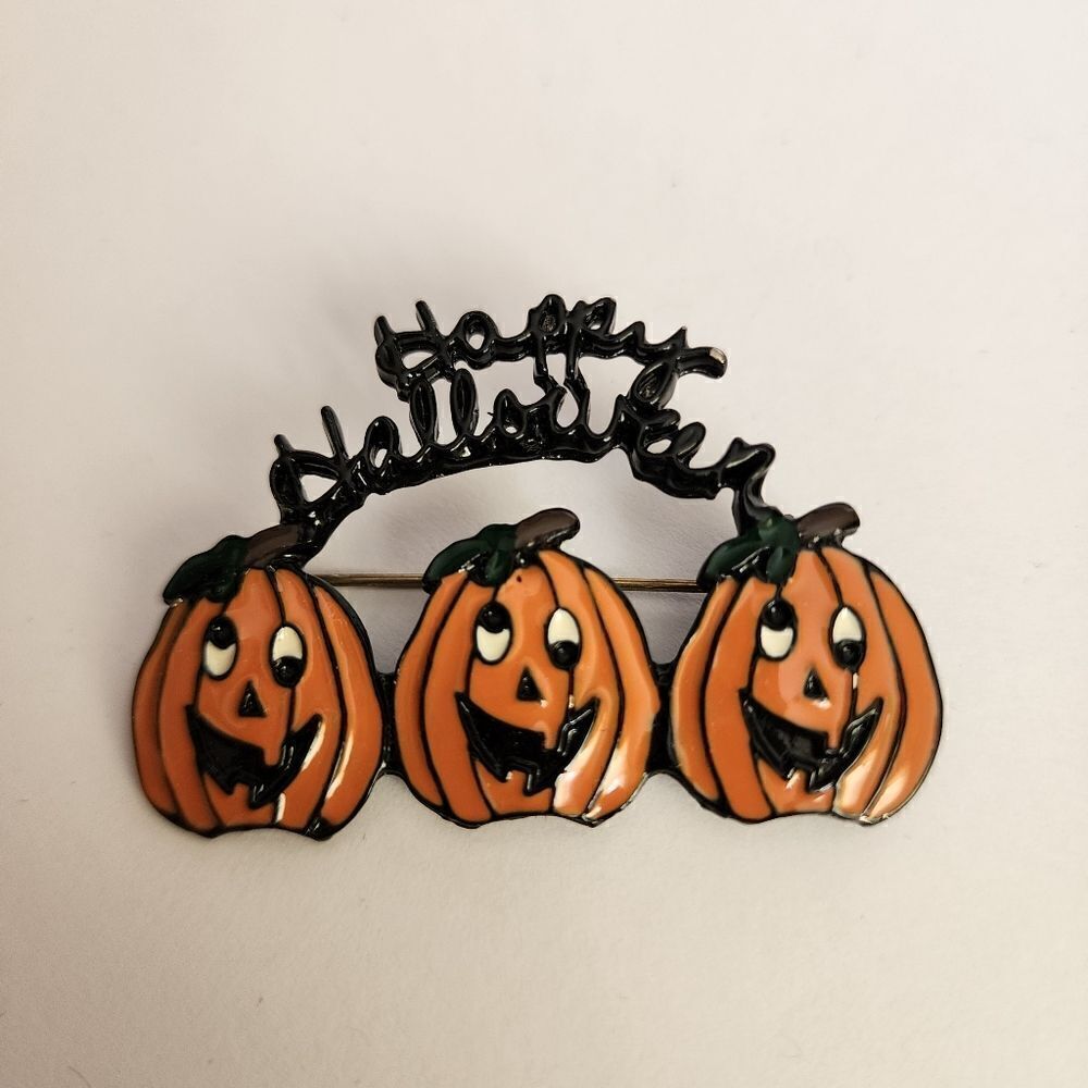 Happy Halloween Metal Pumpkin Brooch